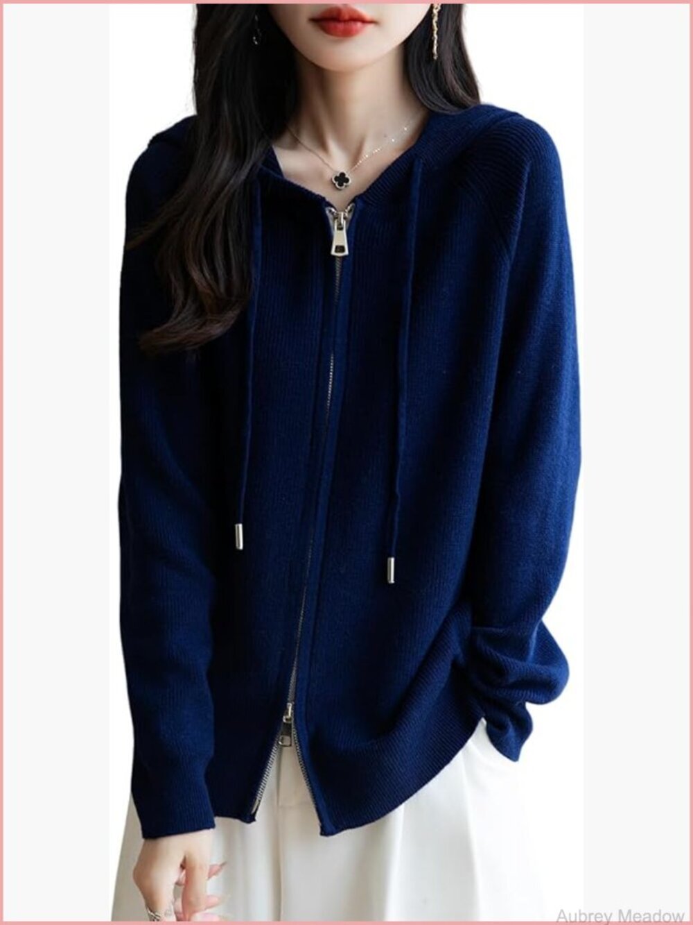 Merino Wool Blend Cardigan Hooded Zip Up Long Sleeve Ribbed Knit Sweatshirt